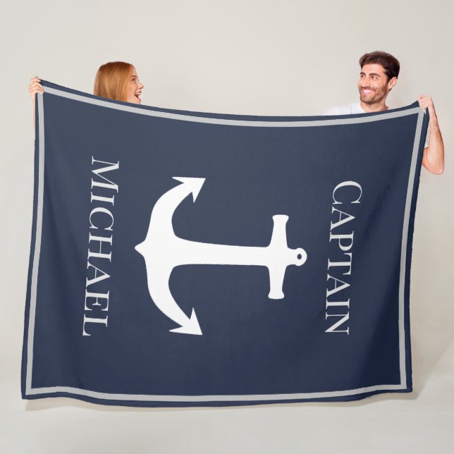 Custom Captain Name Nautical Navy Anchor Fleece Blanket (In Situ)
