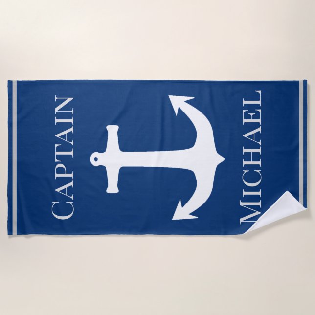 Custom Captain Name with Nautical Anchor on Navy Beach Towel (Front)