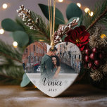Custom Caption Honeymoon Photo Ceramic Ornament<br><div class="desc">Commemorate your honeymoon or a special vacation with this elegant ornament featuring a photo on each side. Personalise with your custom caption using two lines of custom text on each side,  in black lettering on a sheer white overlay.</div>