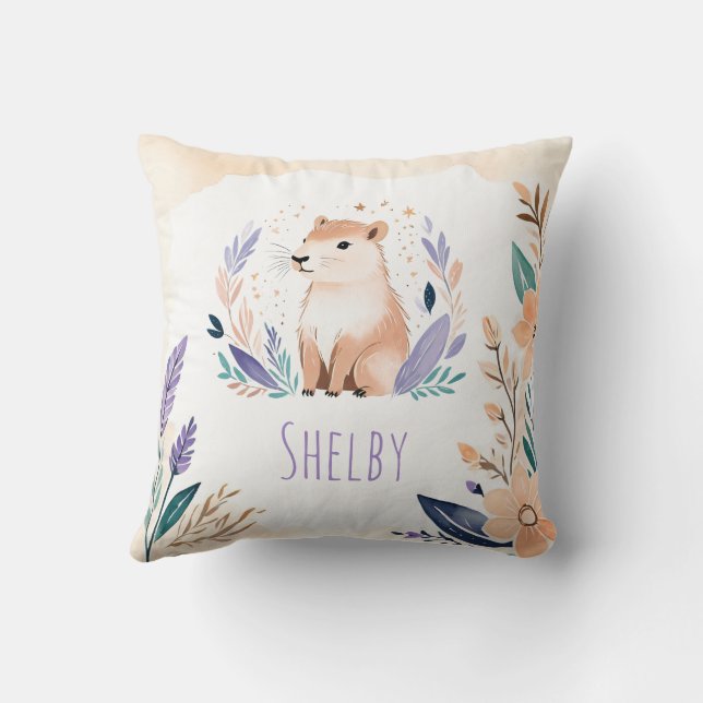 Custom Capybara Pillow with Boho Floral Design -  (Back)