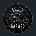 Custom car garage mancave dart board<br><div class="desc">Custom car garage mancave dart board gift. Cool automotive design with personalised name and background colour. Christmas or Birthday gift idea for husband, dad, boyfriend, grandpa, boss, coworker, taxi driver, race driver, boy, kids etc. Trendy home decor time clock for mechanic, auto repair shop, garage, man cave etc. Upload your...</div>