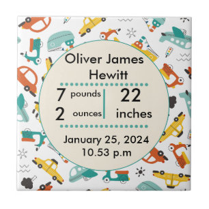 Custom cars birth statistic's newborn baby ceramic tile