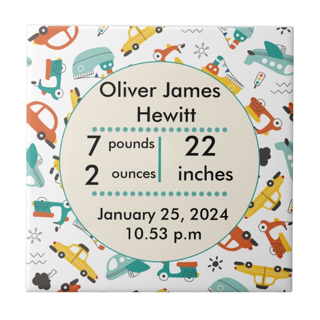 Custom cars  birth statistic's newborn baby  ceramic tile (Front)