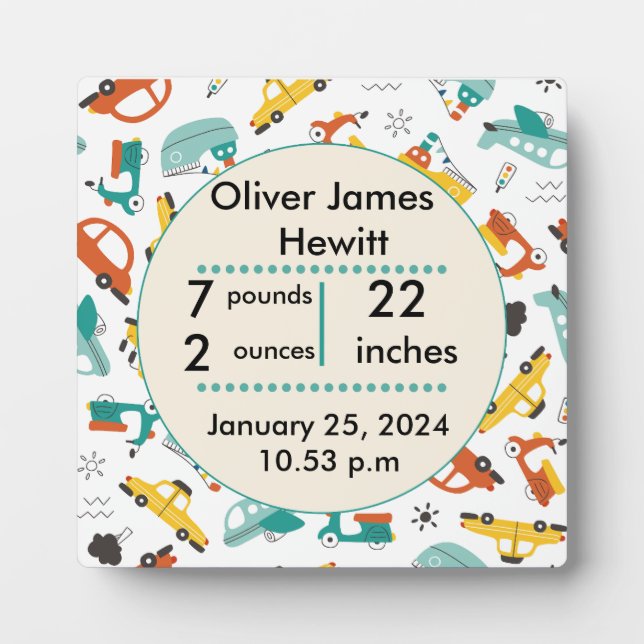 Custom cars  birth statistic's newborn baby  plaque (Front)