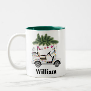 Custom Cart Name Golf Balls Christmas Golfer Two-Tone Coffee Mug