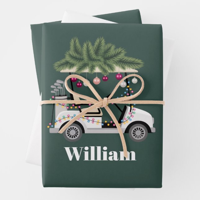Custom Cart Name Golf Balls Christmas Golfer Wrapping Paper Sheet (In situ)