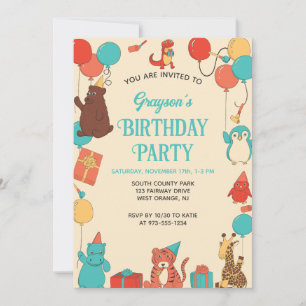 Custom Cartoon Animals Kids Birthday Party Invitation