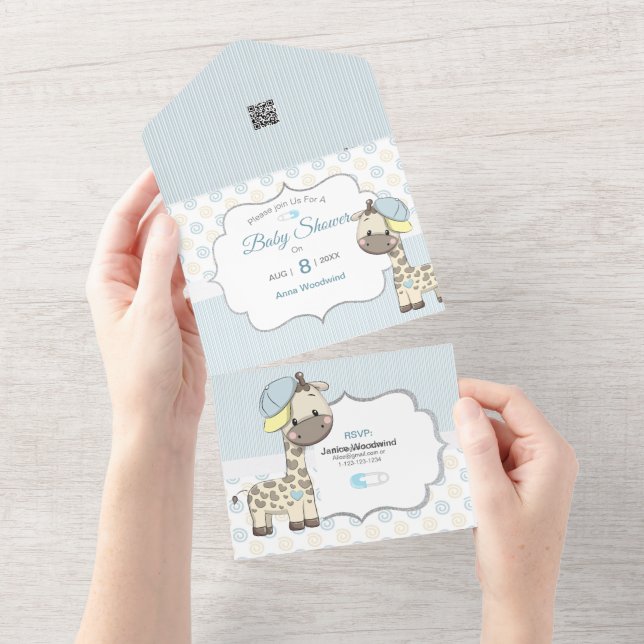 Custom Cartoon Baby Boy Giraffe Invitation (Tearaway)