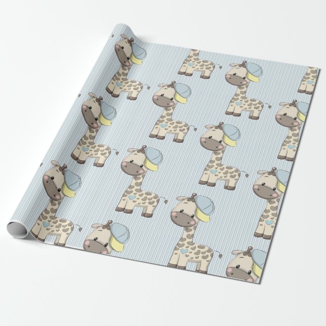 Custom Cartoon Baby Boy Giraffe Wrapping Paper (Unrolled)