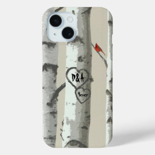 Custom Carved Hearts On Birch Tree Valentine iPhone 15 Case