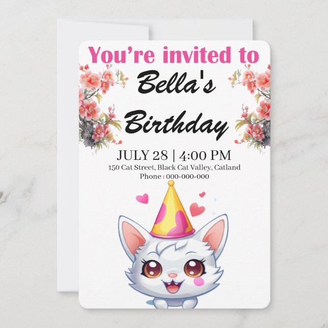 Custom Cat Birthday Invitations Personalised  (Front)