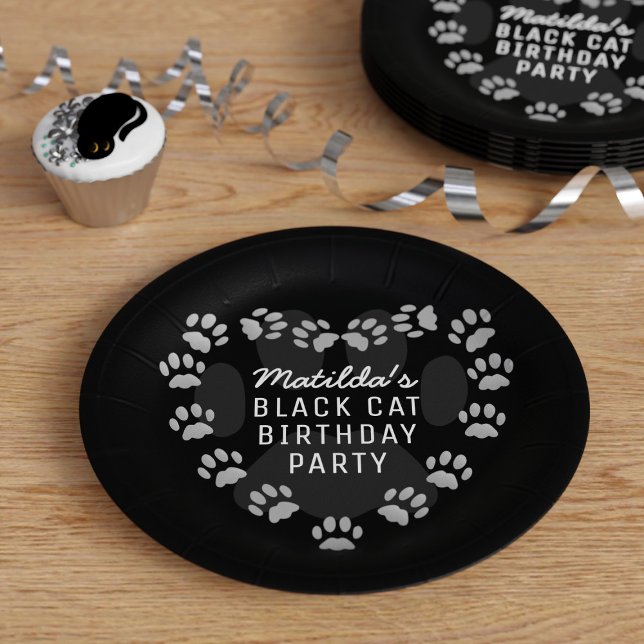 Custom Cat Birthday Party Paw Print Heart Black Paper Plate (Creator Uploaded)