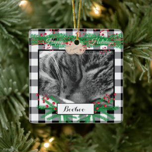 Custom Cat Black White Buffalo Check Ornament
