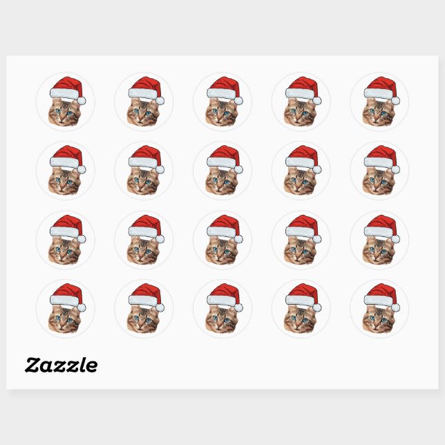 Custom Cat Face Photo Santa Hat Christmas Classic Round Sticker (Sheet)