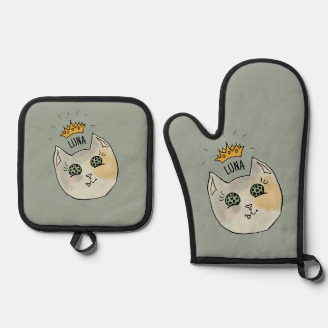 Custom Cat Name Art - Chubby White Cat with Crown Oven Mitt & Pot Holder Set (Front)