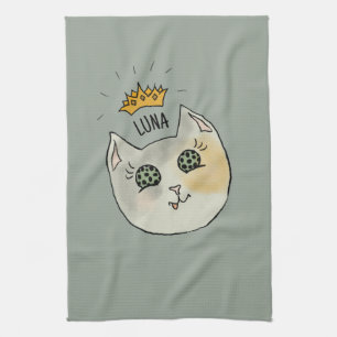 Custom Cat Name Art - Chubby White Cat with Crown Tea Towel