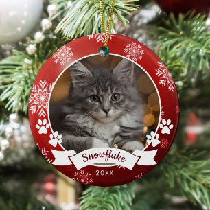 Custom Cat Pet Photo Paw Prints Red Christmas Ceramic Ornament