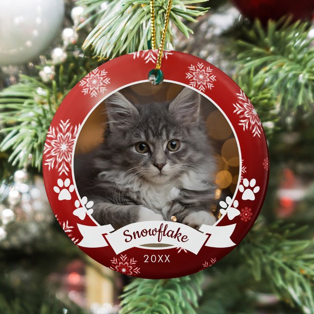 Custom Cat Pet Photo Paw Prints Red Christmas Ceramic Ornament (Creator Uploaded)