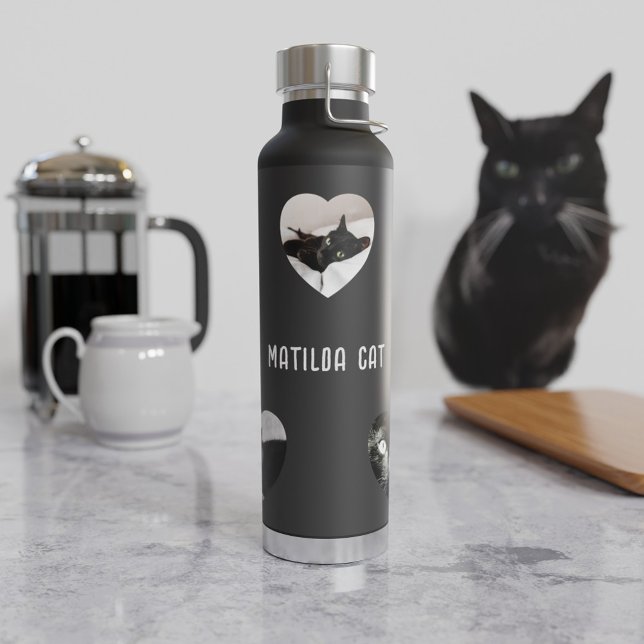 Custom Cat Photo Collage 5 Heart Frame Black Water Bottle (Creator Uploaded)