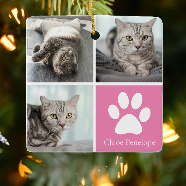 Custom Cat Photo Collage Pretty Pink Double Sided Ceramic Ornament (Creator Uploaded)