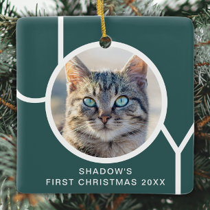Custom Cat Photo First Christmas Joy Green Ceramic Ornament