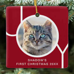 Custom Cat Photo First Christmas Joy Red Ceramic Ornament