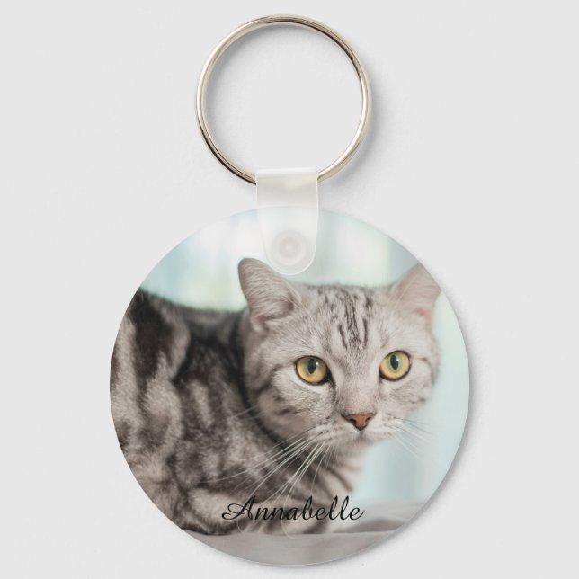 Custom Cat Photo with Kitty Name Cute Personalised Key Ring (Front)