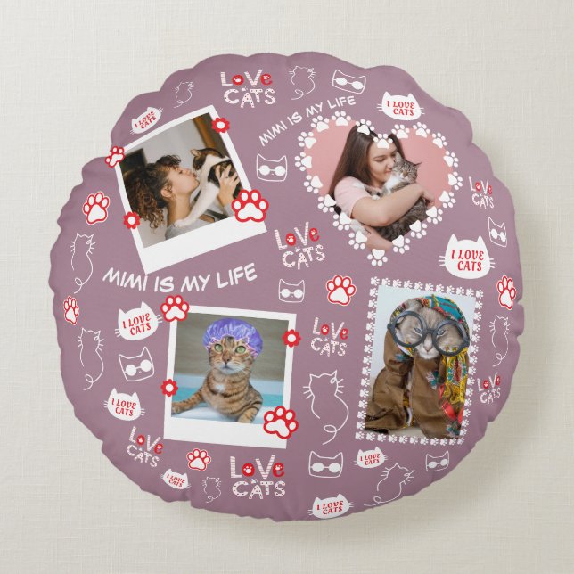 Custom Cat Pillow with Face Photos & Cat Name  (Front)