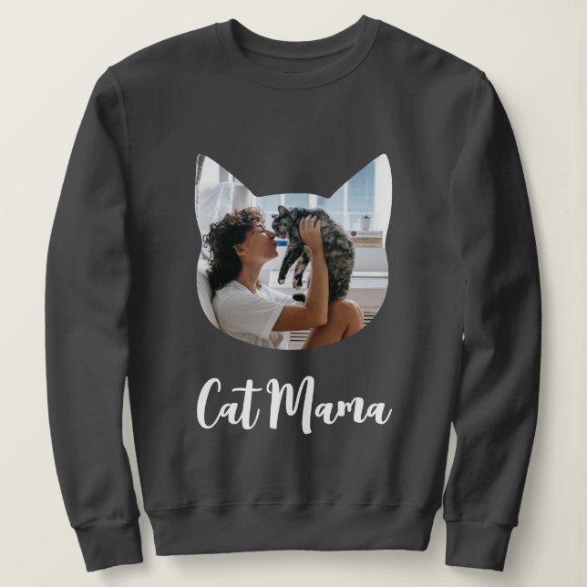 Custom Cat Shaped Photo Cat Lover Cat Mama Script  Sweatshirt (Design Front)