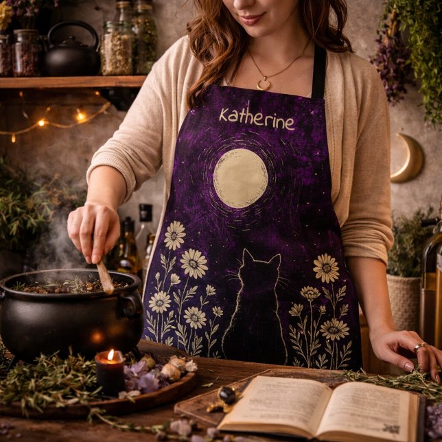 Custom Celestial Cat Floral Purple Apron (Creator Uploaded)
