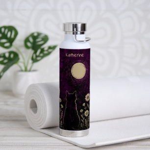 Custom Celestial Cat Floral Purple Water Bottle