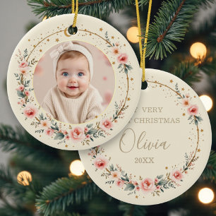 Custom Celestial Starry Baby First Christmas Photo Ceramic Ornament