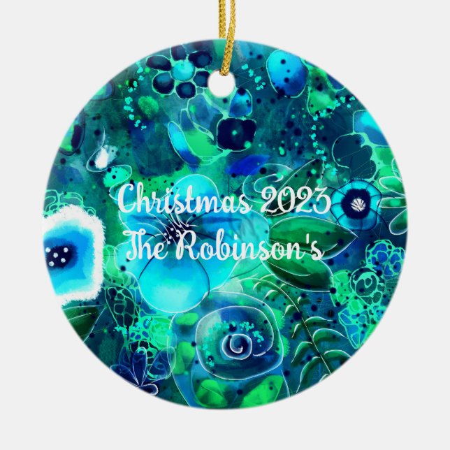 Custom Ceramic Ornament - Abstract Floral Teal  (Front)