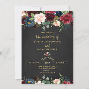 Custom Chalkboard Floral Burgundy Navy Wedding Invitation