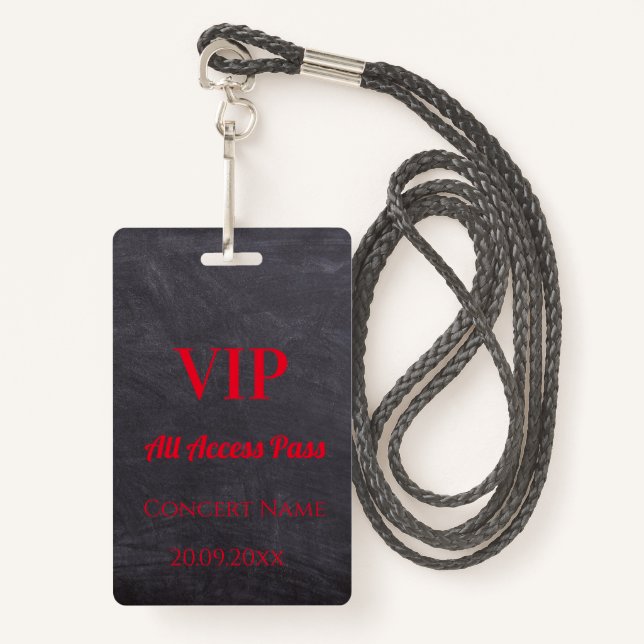Custom Chalkboard Name Date VIP Access Pass Red ID Badge (Front with Lanyard)