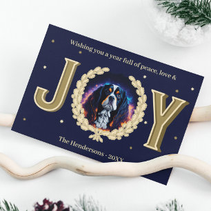 Custom Charles Spaniel Dog Navy Gold Joy Christmas Holiday Card