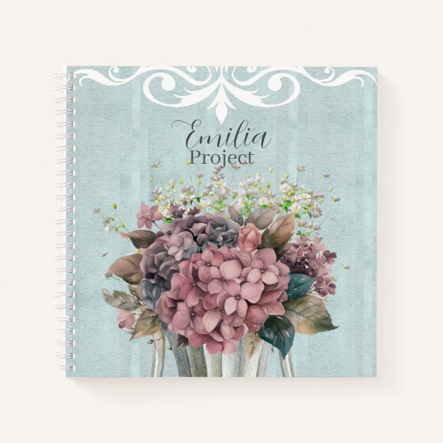 Custom Charming botanical White filigree Blue Notebook (Front)