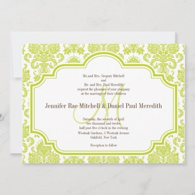 Custom Chartreuse Damask Wedding Invitations (Front)