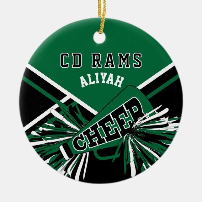 Custom Cheerleader 📣  - Dark Green, Black & White Ceramic Ornament (Front)