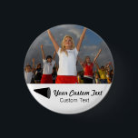 Custom Cheerleading Photo Team Spirit 3 Cm Round Badge<br><div class="desc">This custom cheerleading button features your uploaded photo, 2 lines of text for personalising and a black megaphone. Great for team spirit day or celebrating your favourite sports team. Change the background and text colours to match your school/club colours. Check out our other sports related products in our Colorfulgalshop store....</div>