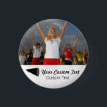 Custom Cheerleading Photo Team Spirit 3 Cm Round Badge<br><div class="desc">This custom cheerleading button features your uploaded photo, 2 lines of text for personalising and a black megaphone. Great for team spirit day or celebrating your favourite sports team. Change the background and text colours to match your school/club colours. Check out our other sports related products in our Colorfulgalshop store....</div>