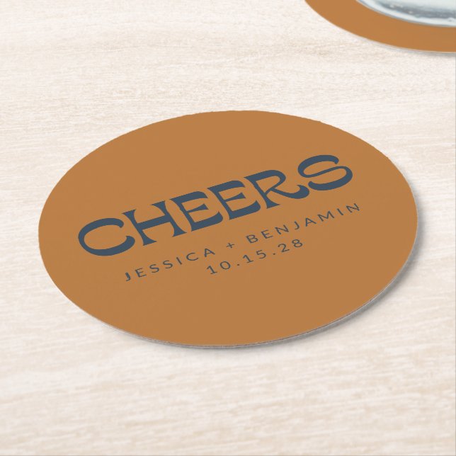 Custom Cheers Copper Navy Blue Modern Wedding Round Paper Coaster (Angled)