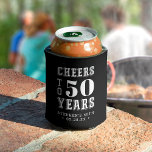 Custom Cheers Milestone Birthday Can Cooler<br><div class="desc">Commemorate a special birthday with these awesome personalised party favour can coolers. Modern black and white design features "cheers to XX years" in bold white lettering. Add the occasion and date beneath for a unique birthday party keepsake. Example shown for a 50th birthday party.</div>