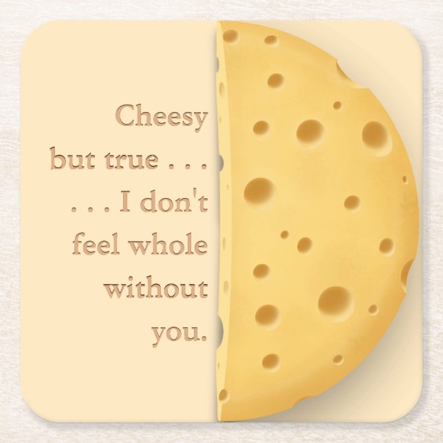 Custom Cheesy Message Trompe L'oeil Swiss Cheese Square Paper Coaster (Front)