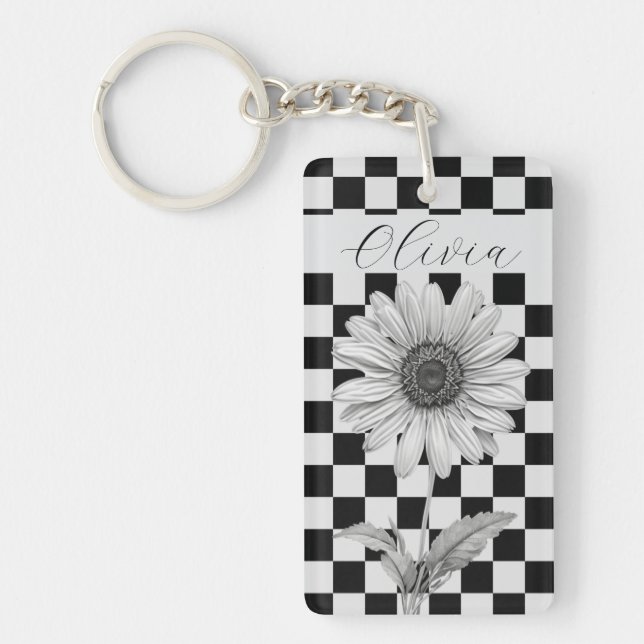 Custom Chequerboard Daisy Flower Key Ring (Front)