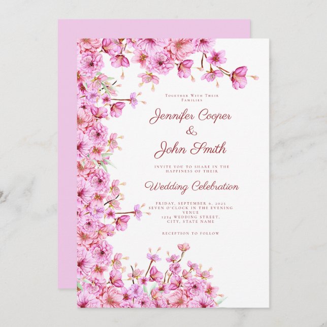 Custom Cherry Blossom Sakura Pink Floral Wedding Invitation (Front/Back)