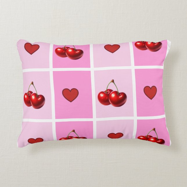 Custom Cherry Heart Checkerboard Pattern Decorative Cushion (Front)