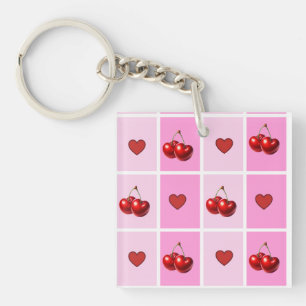 Custom Cherry Heart Checkerboard Pattern Key Ring