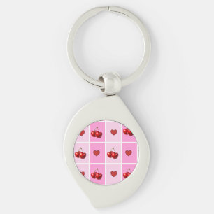 Custom Cherry Heart Checkerboard Pattern Key Ring