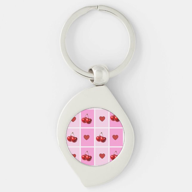 Custom Cherry Heart Checkerboard Pattern Key Ring (Front)